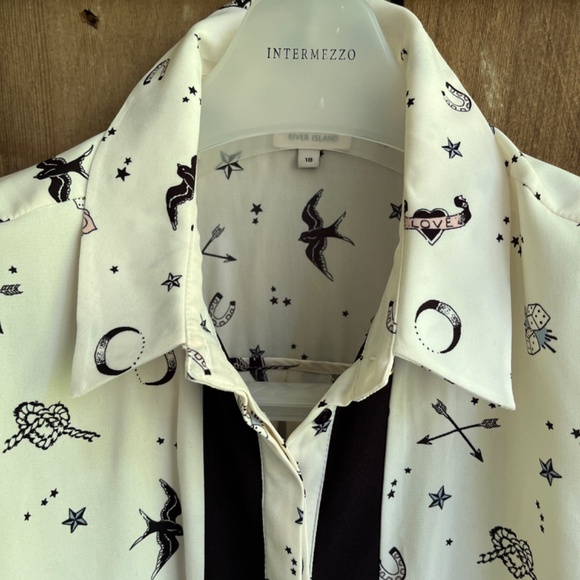 River Island Love Hearts Bierds Print Blouse 18( L ) Contrast Trim Long Sleeves - Picture 4 of 16